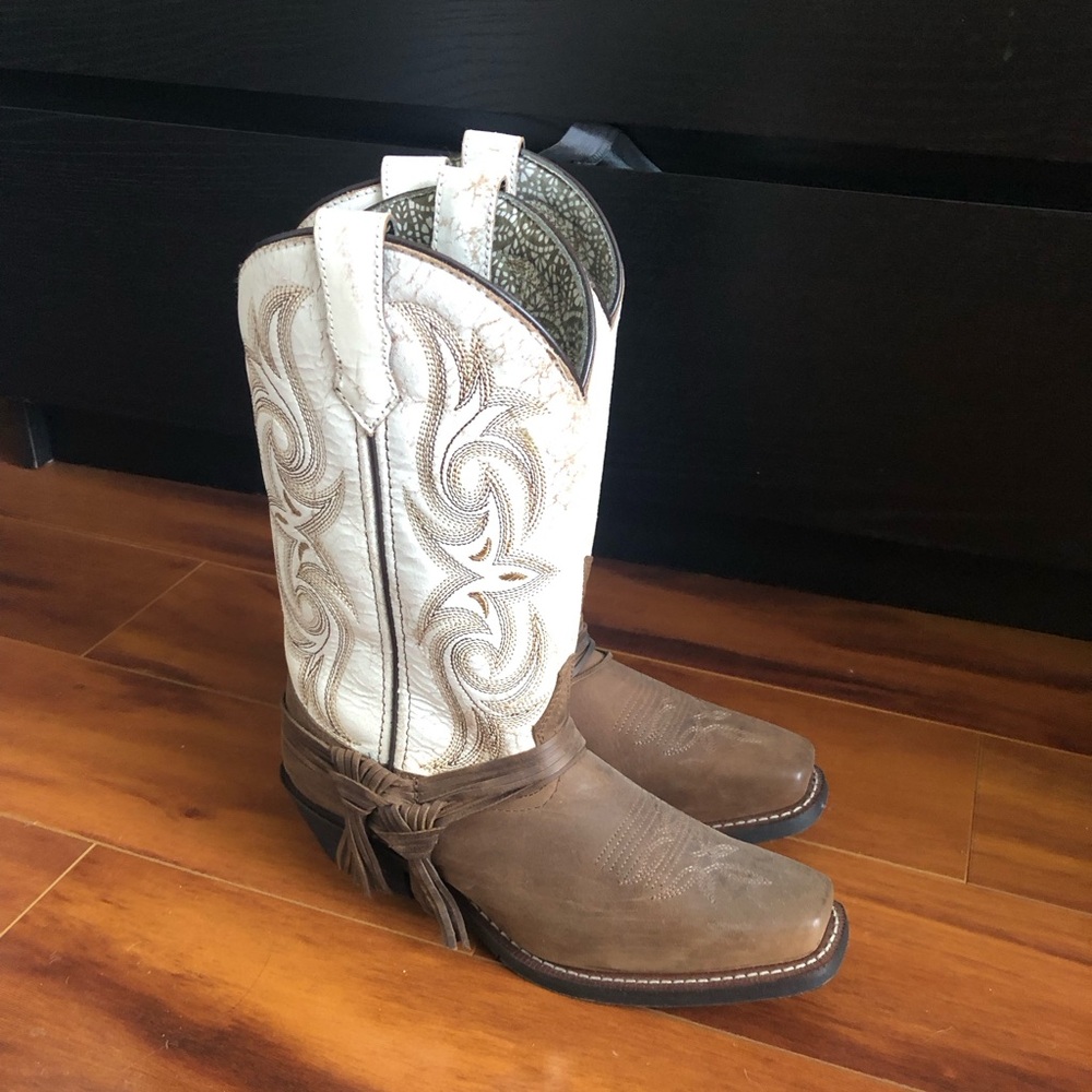 Laredo Leather White and Brown Western Cowboy Boots